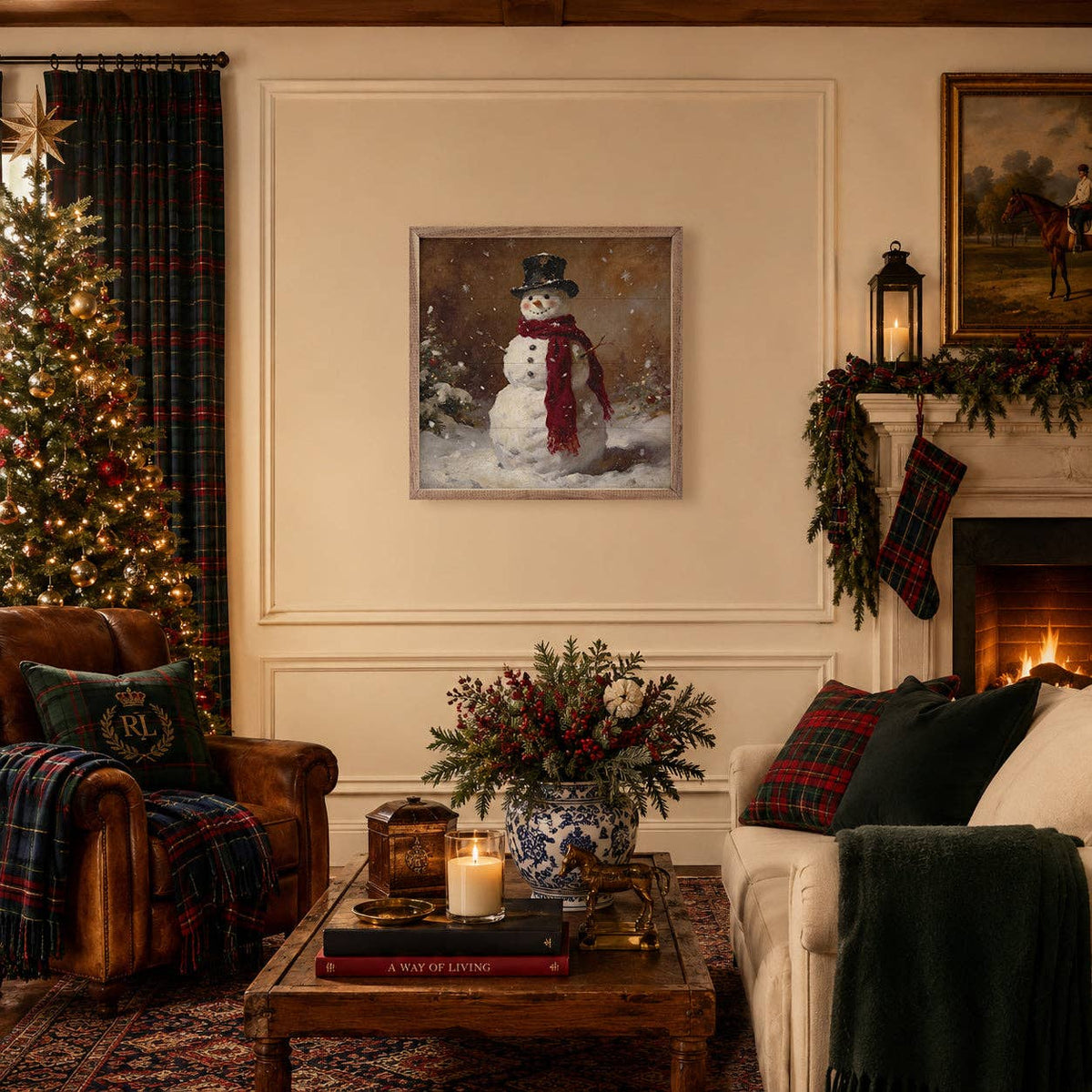 Framed woodland snowman wall art with top hat and red scarf, vintage style