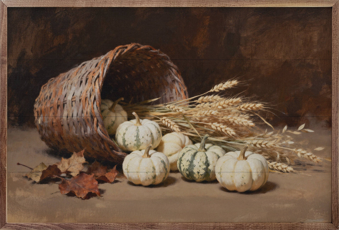 Framed fall still life art with white pumpkins, wheat stalks, wicker basket, autumn leaves