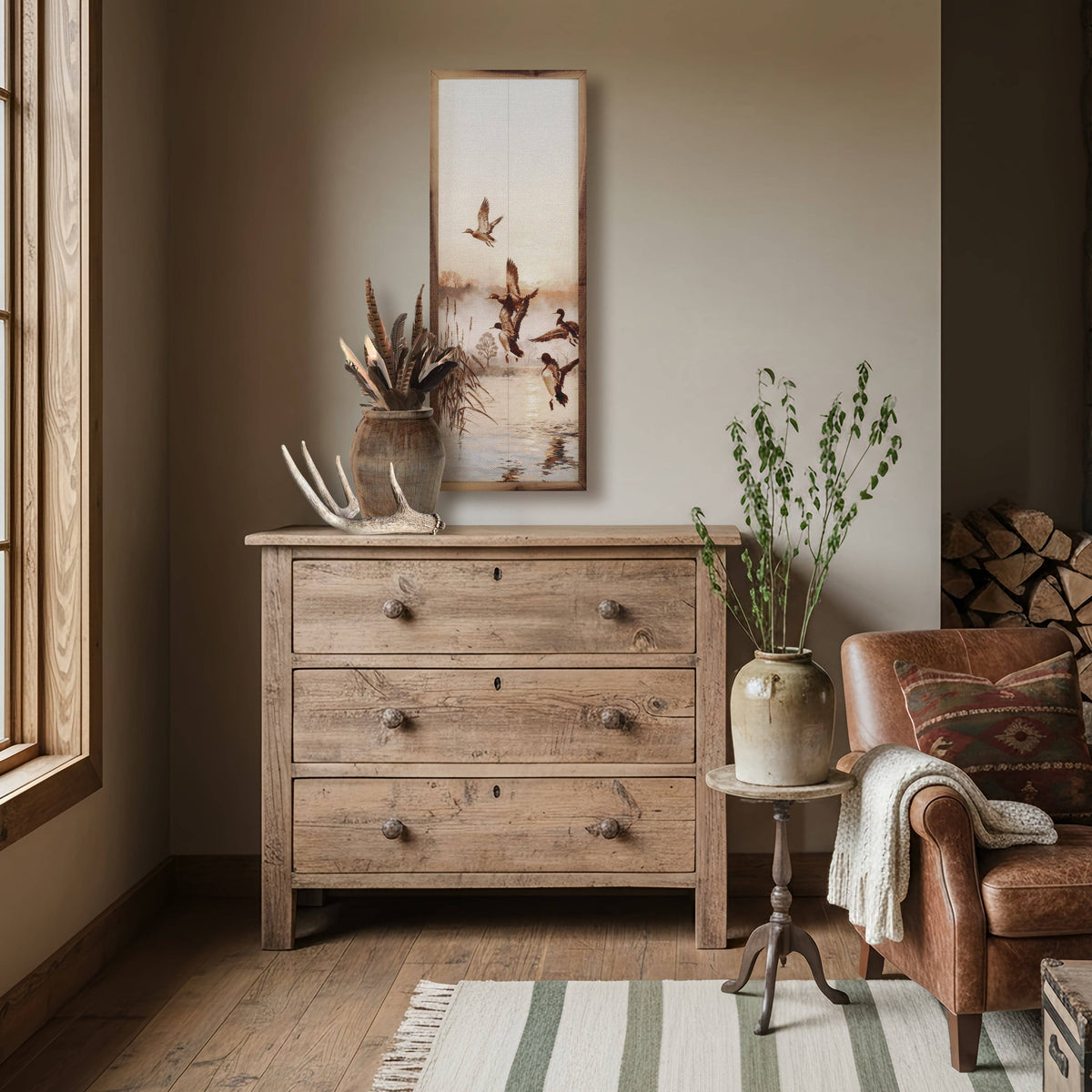 Narrow framed print of flying ducks over a misty lake, warm brown tones