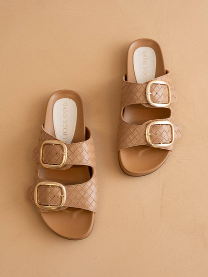 The Desiree | Almond Woven Slide with Oversized Gold Buckles
