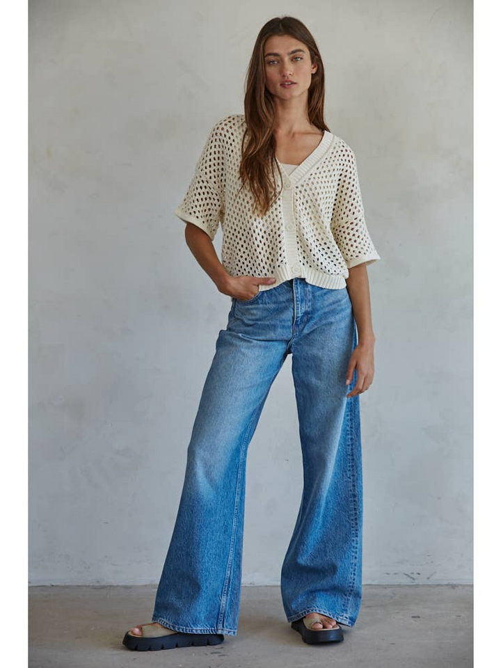 Knit Sweater Cotton See Through V-Neck Cardigan