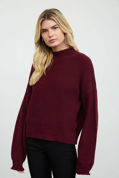 Ribbed Rolled Mock Neck Cropped Knit Sweater
