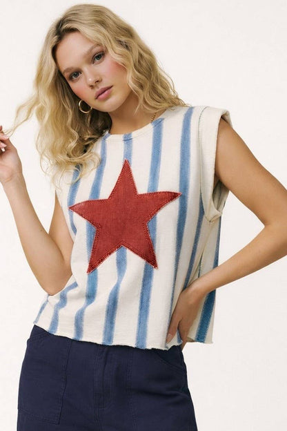 **Pre-Order**  Star Patch Striped Sleeveless Knit Top
