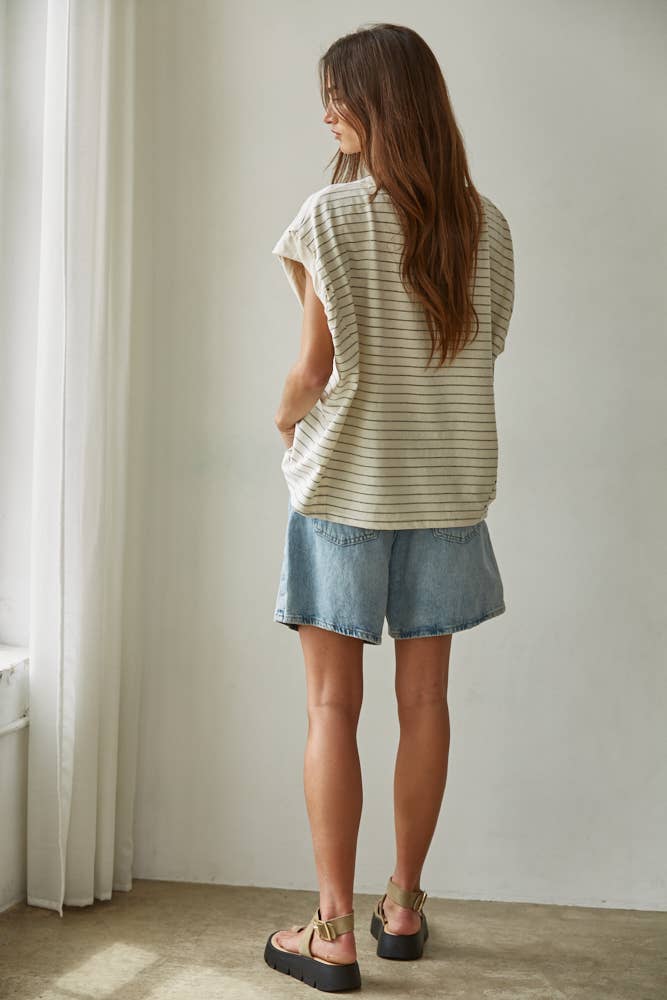 Knit Striped Jersey Round Neck Short Sleeve Top