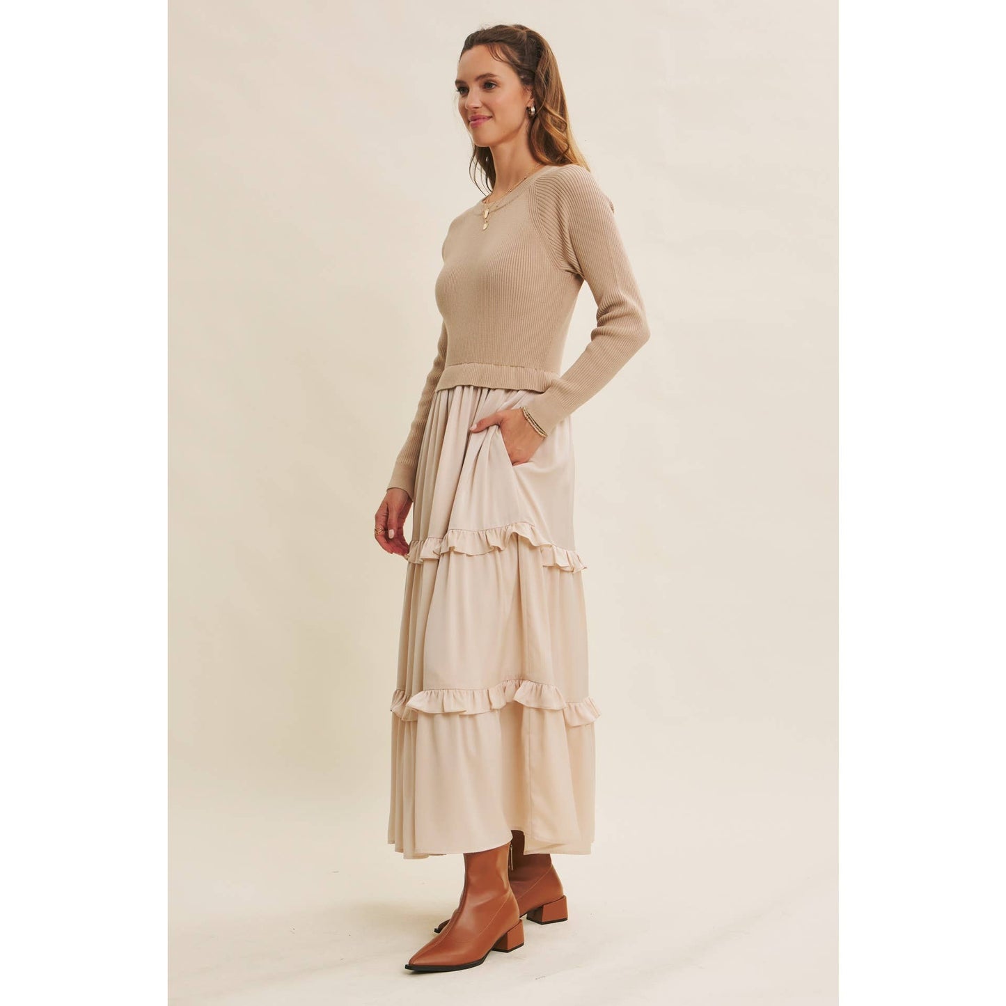 COMFORTABLE SWEATER AND SATIN TWOFER MAXI DRESS