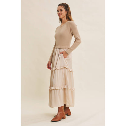 COMFORTABLE SWEATER AND SATIN TWOFER MAXI DRESS