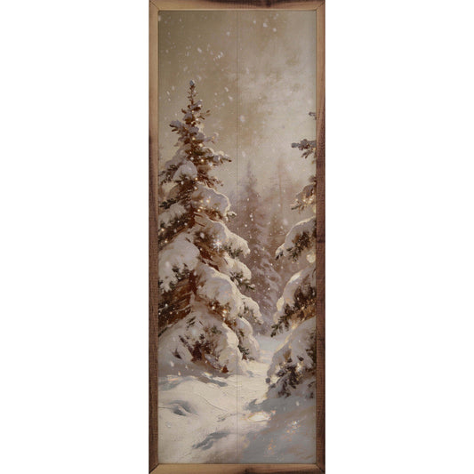 Framed oil painting of snow-covered pine trees in a winter forest scene