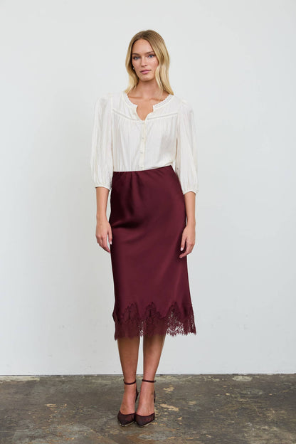 LACE YOKE BUTTON DOWN 3/4 SLEEVE TOP