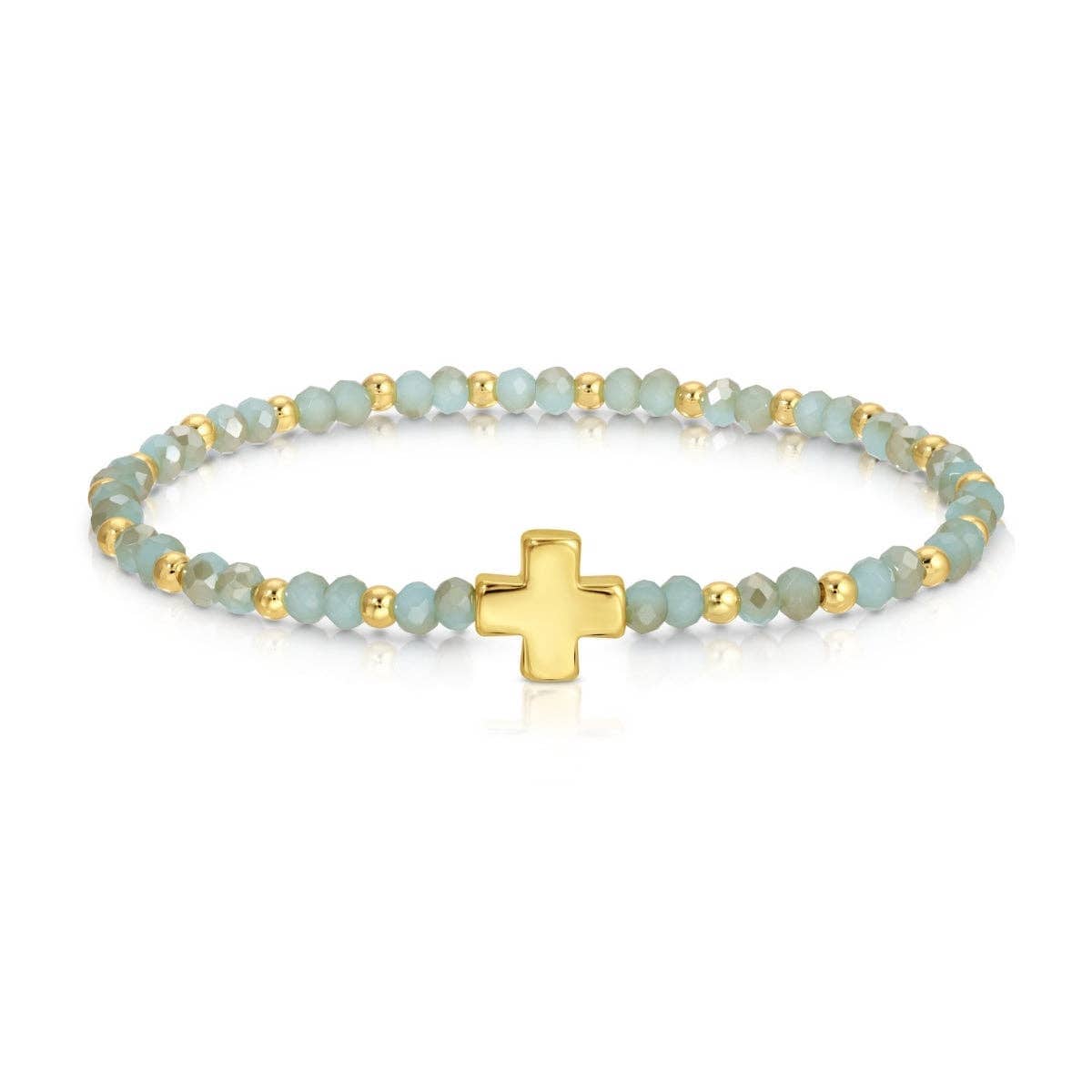 Mint crystal and gold bead stretch bracelet with gold balanced cross centerpiece