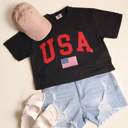 **Pre-Order**  USA American Flag Varsity Garment-Dyed Heavy Cotton T-Shirt