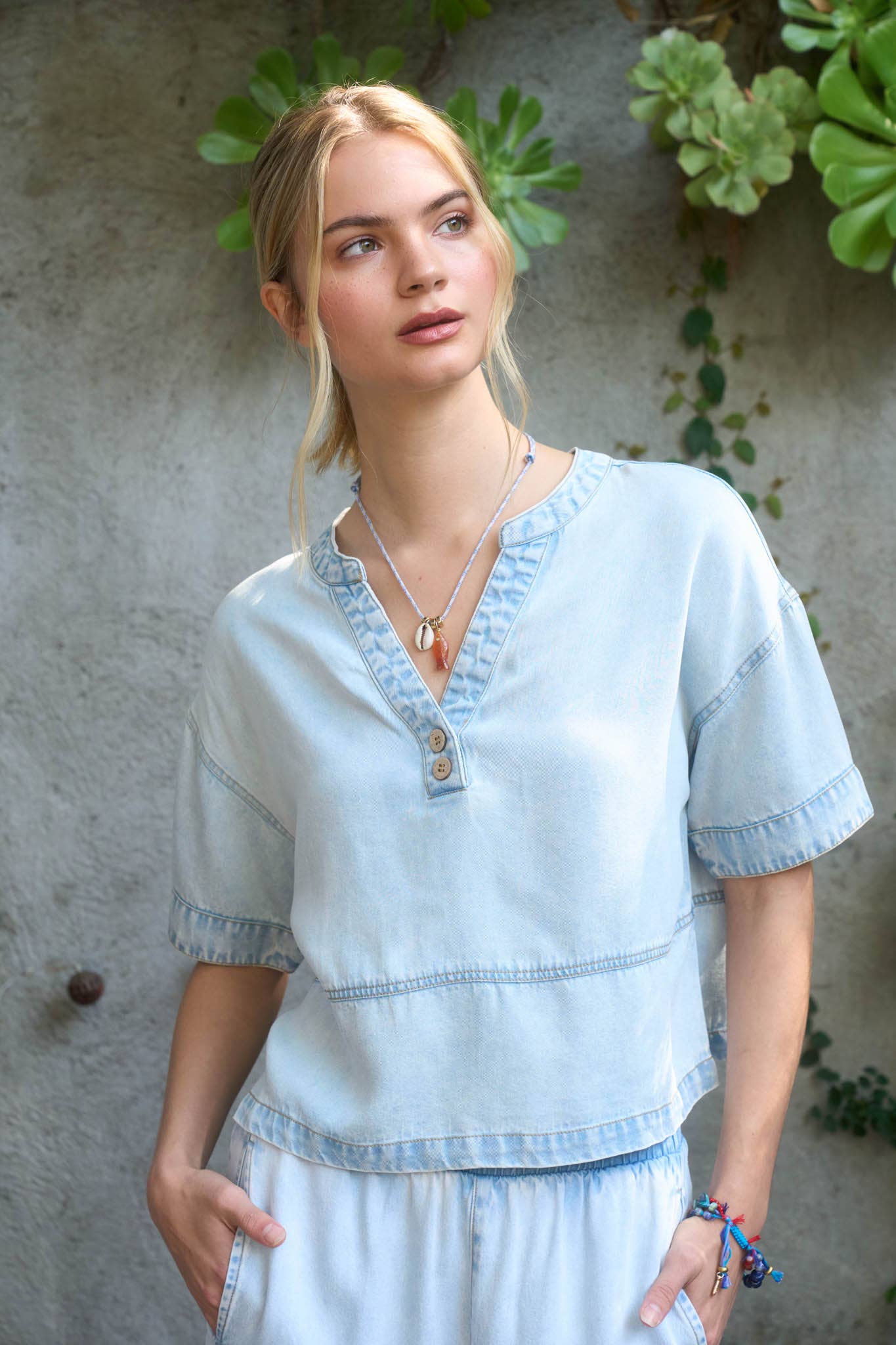 Washed Denim Split Neck Top