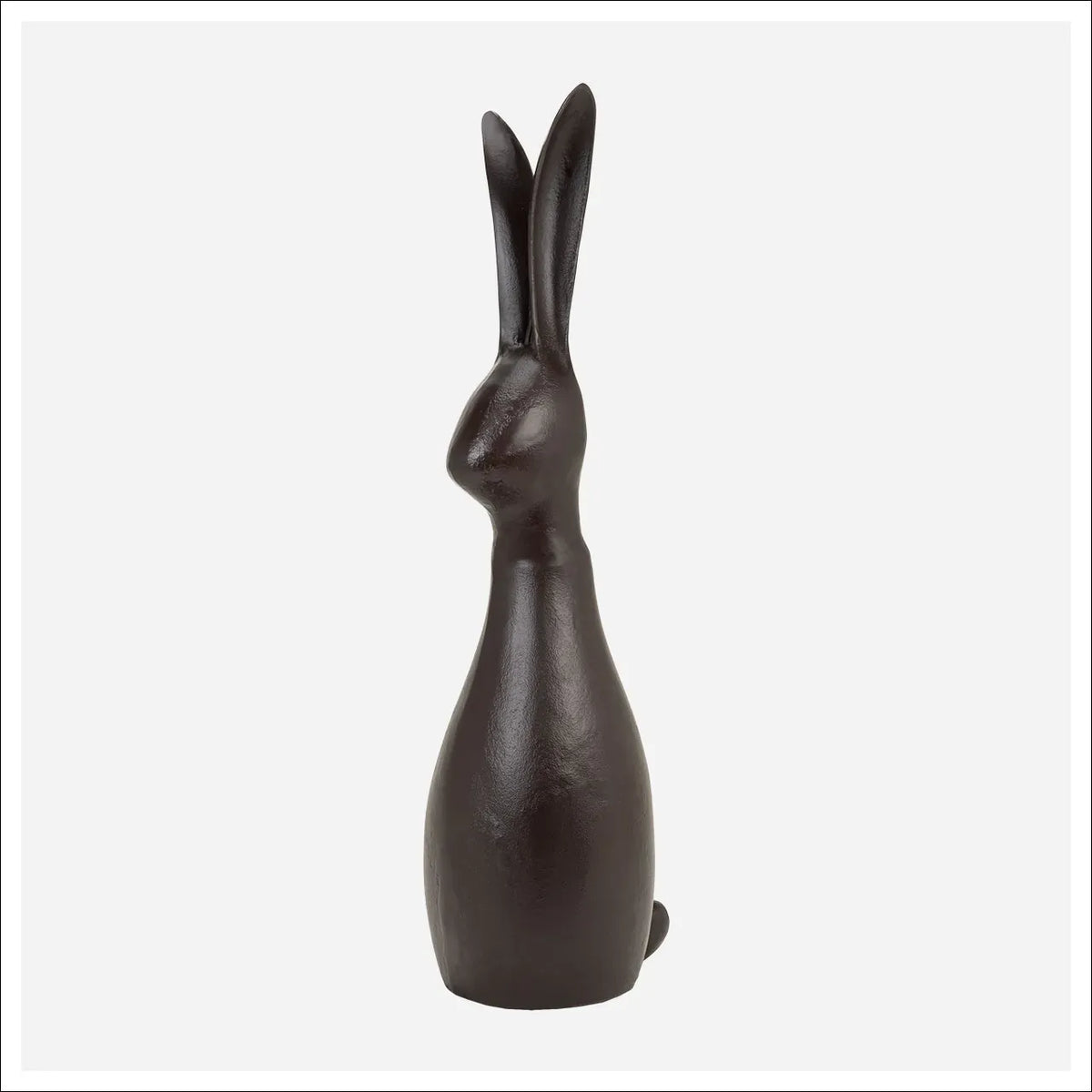 Dark brown resin hare sculpture standing upright with tall ears, 35 inches
