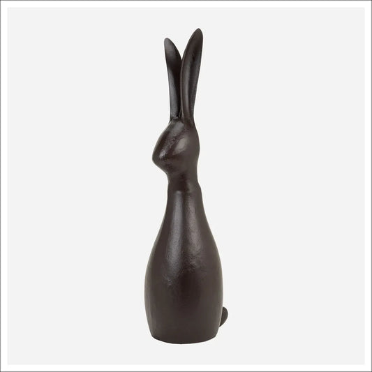Dark brown resin hare sculpture standing upright with tall ears, 35 inches