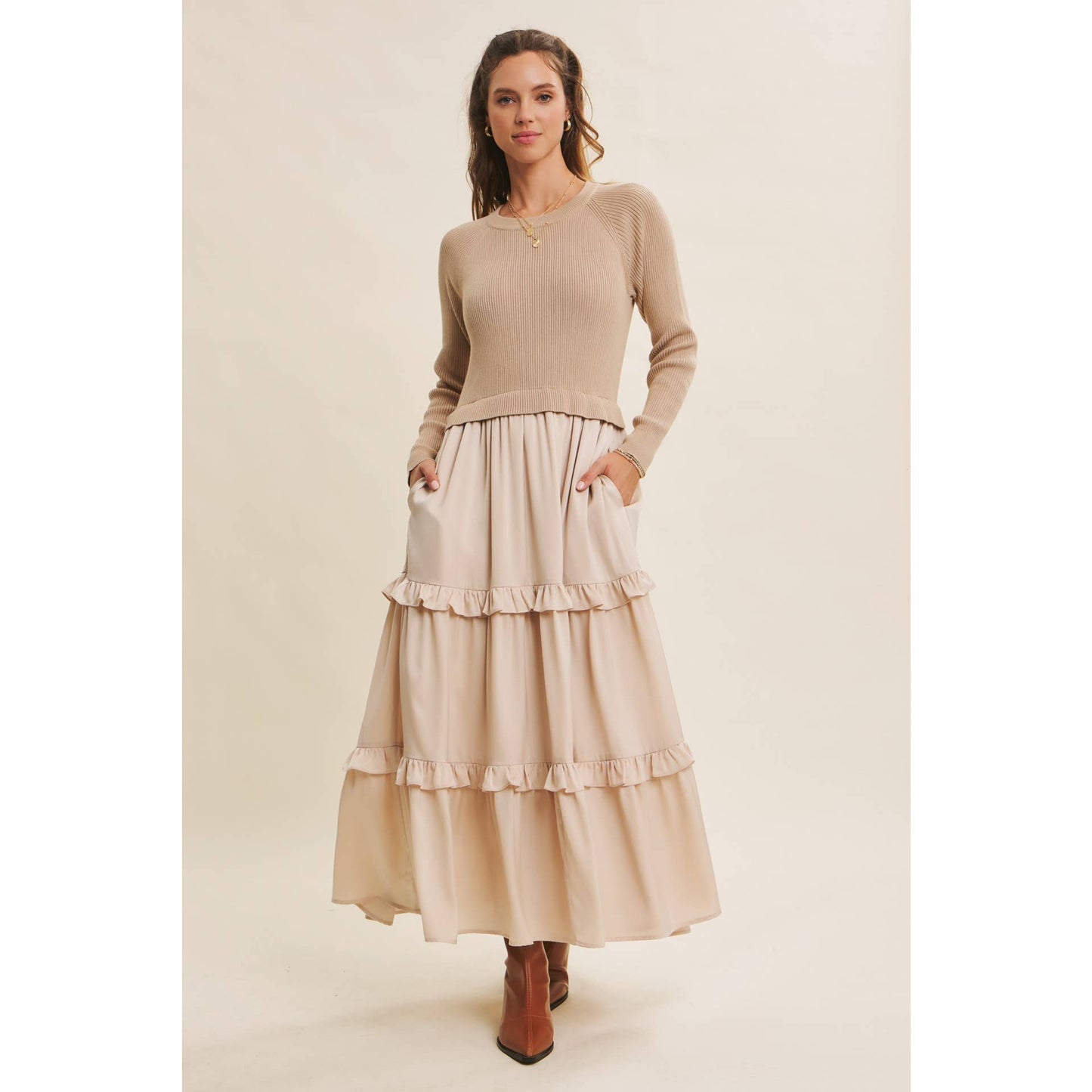 COMFORTABLE SWEATER AND SATIN TWOFER MAXI DRESS