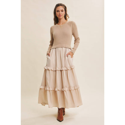 COMFORTABLE SWEATER AND SATIN TWOFER MAXI DRESS