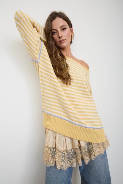 STRIPE CONTRAST STITCH RAW EDGE KNIT SWEATER