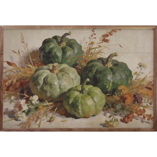 Framed oil painting of green harvest pumpkins with autumn wildflowers and dried grasses