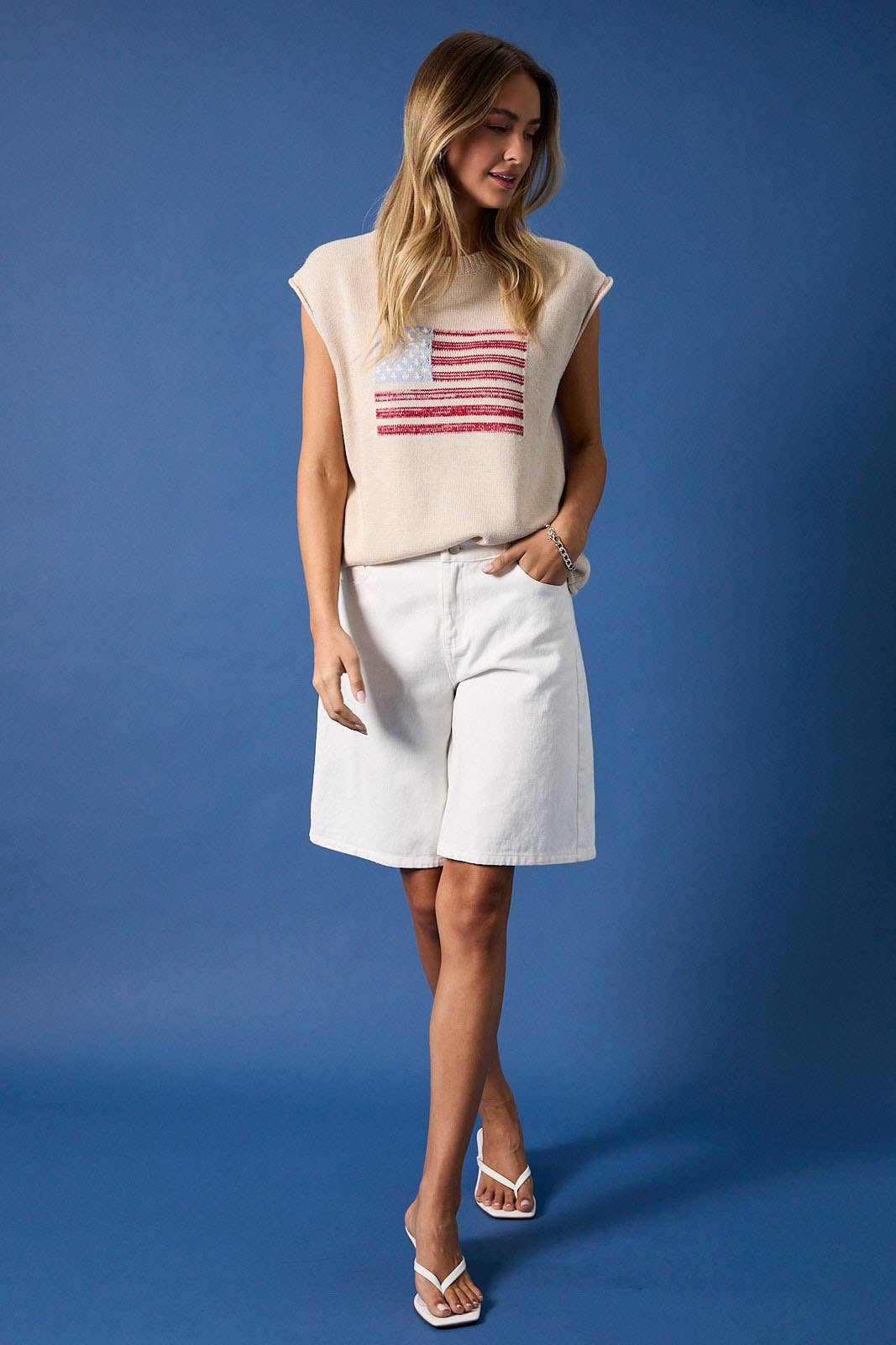 Crew Neck Wide Shoulder USA Flag Sweater