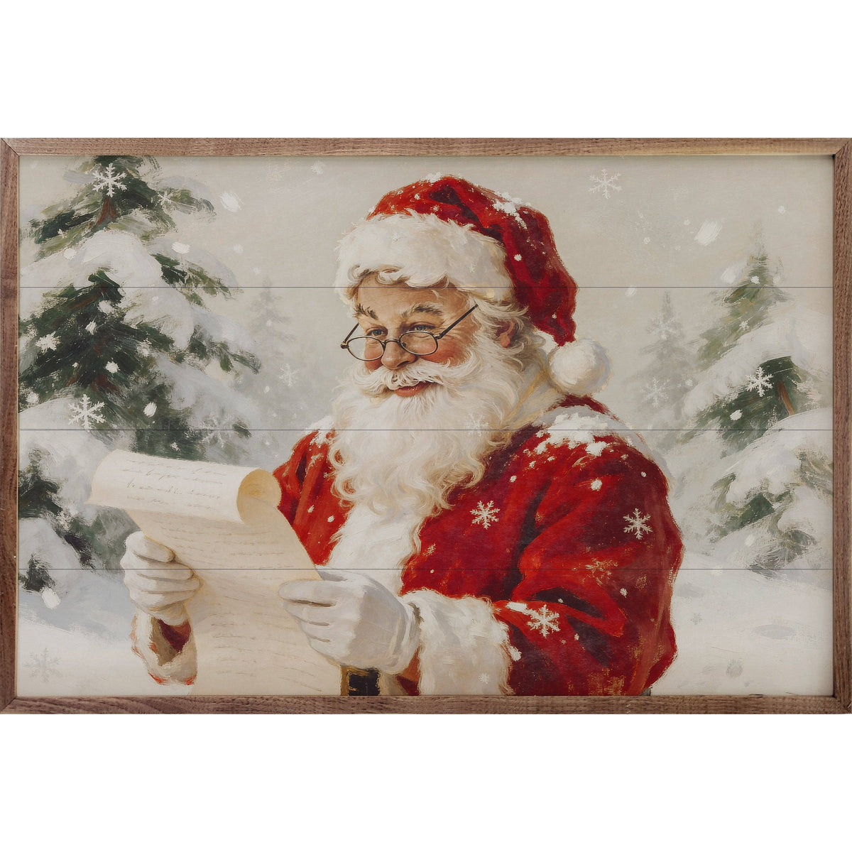 Framed wall art painting of Santa Claus reading a scroll in snowy winter scene