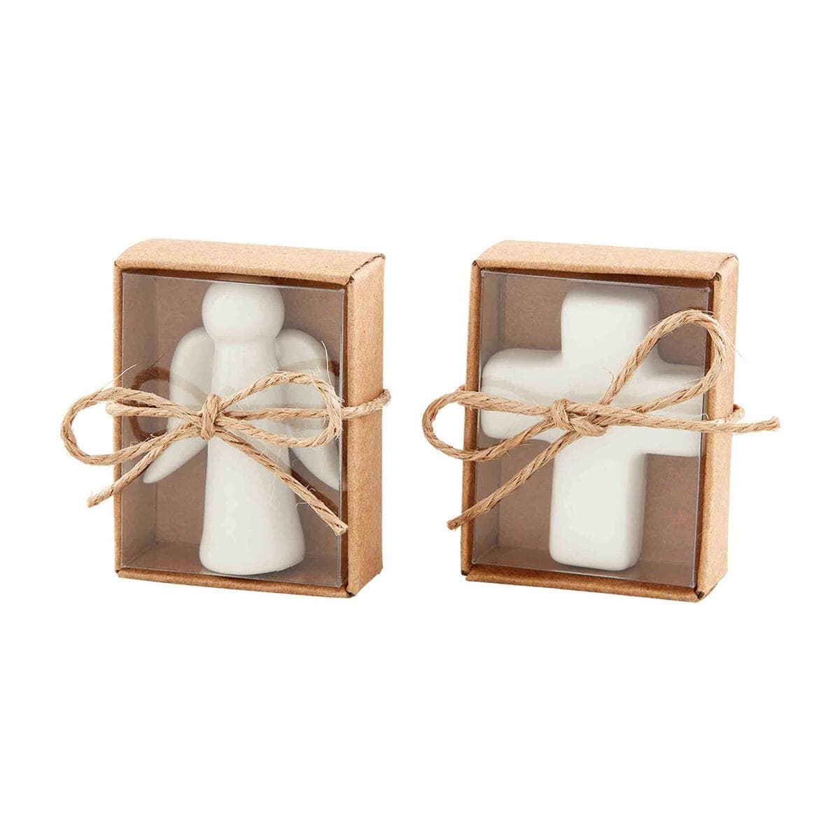 White ceramic angel and cross figurines in kraft boxes tied with twine bows