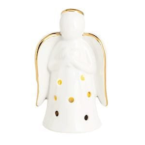 White ceramic angel figurine with gold polka dots, trim, and wings