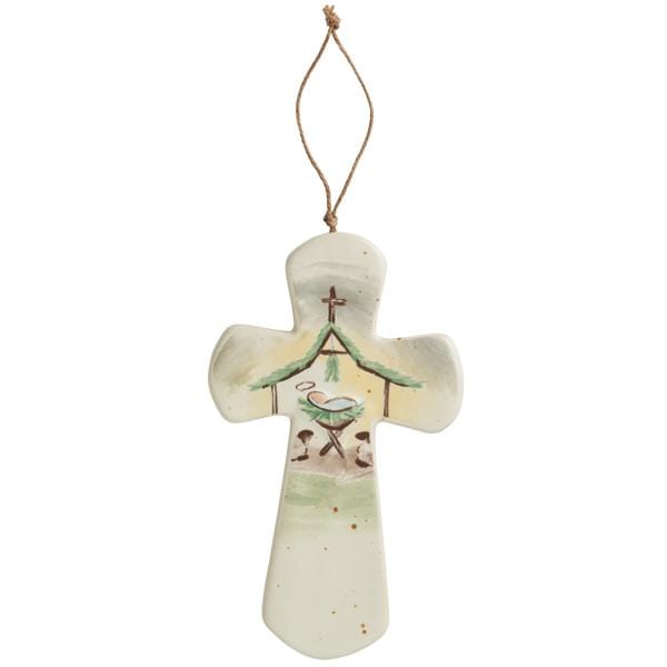 Ceramic cross ornament with painted nativity manger scene, hung by twine cord