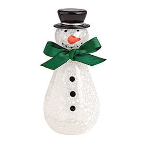 Small white crackle glass snowman with black top hat and green bow tie