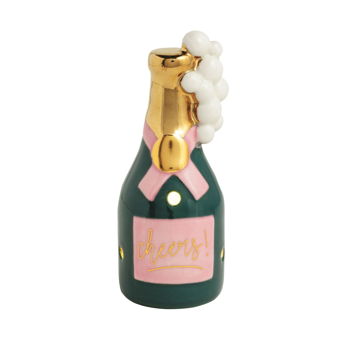 Green ceramic champagne bottle sitter with gold neck, pink bow label, and white bubbles