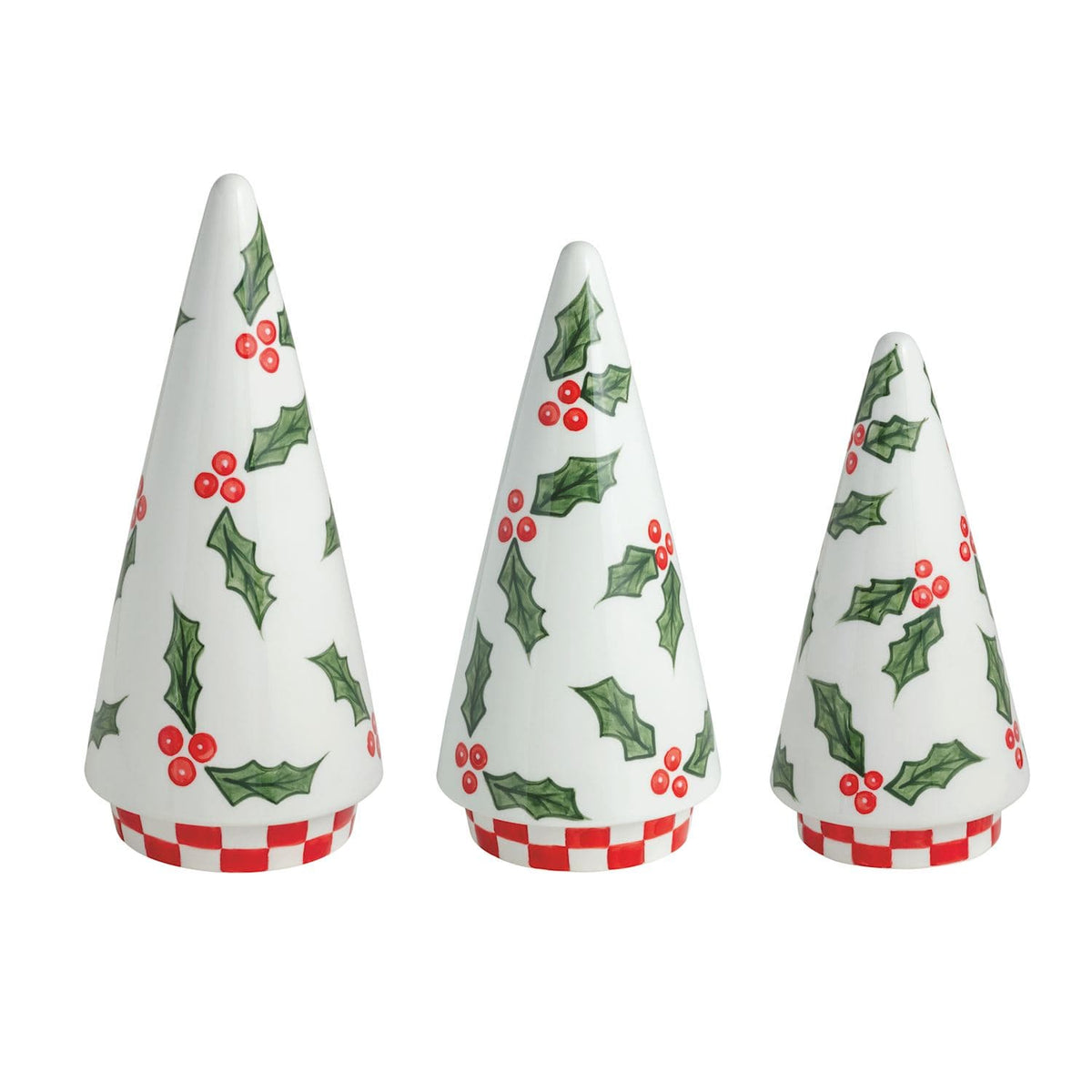 Set of 3 white ceramic holly berry cone Christmas tree sitters with red checkered base
