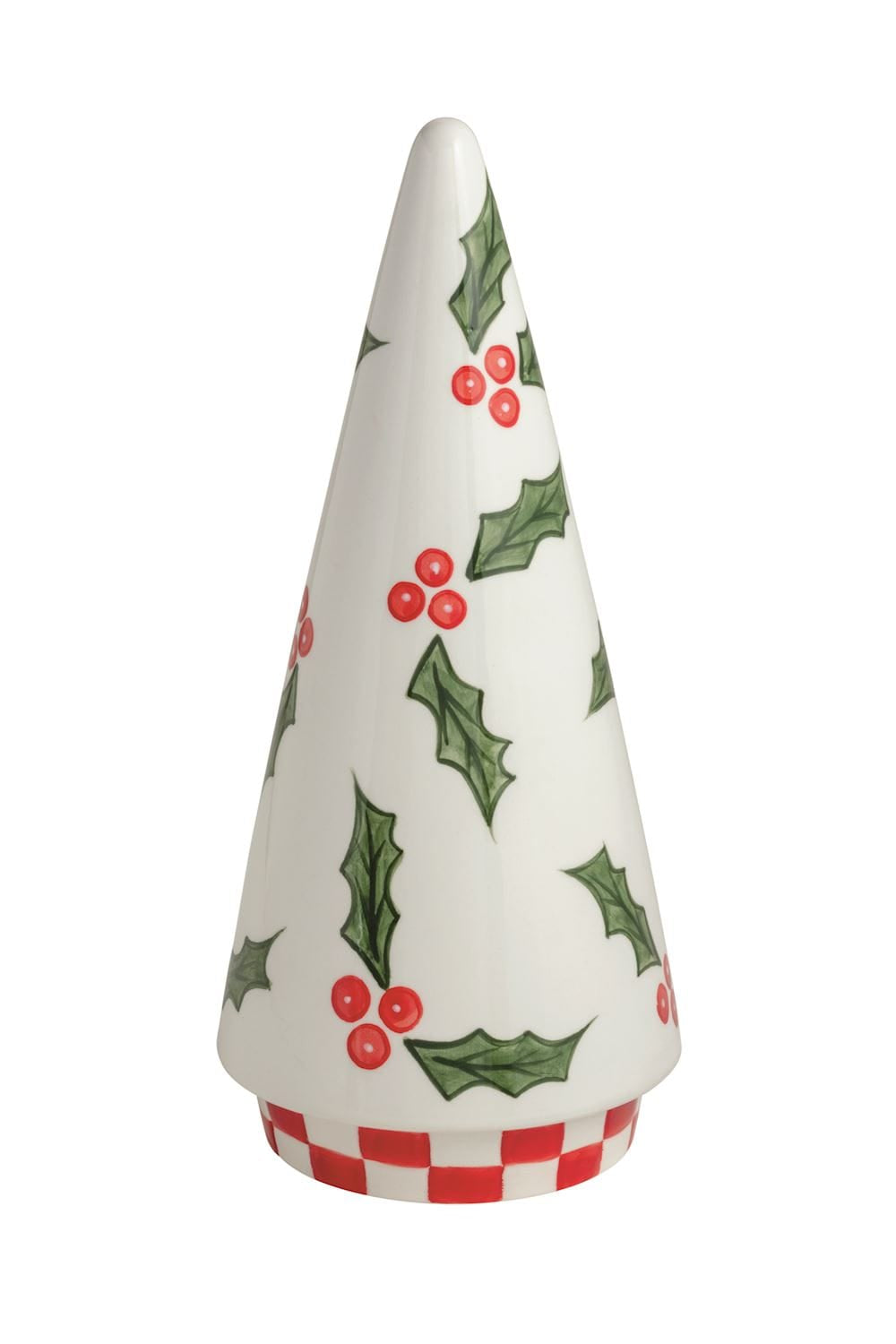 White ceramic cone tree with holly leaf and red berry pattern, checkered base