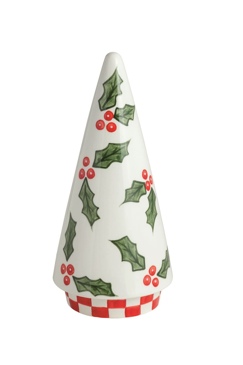 Mud Pie white ceramic cone tree with holly berry print and red checkered base
