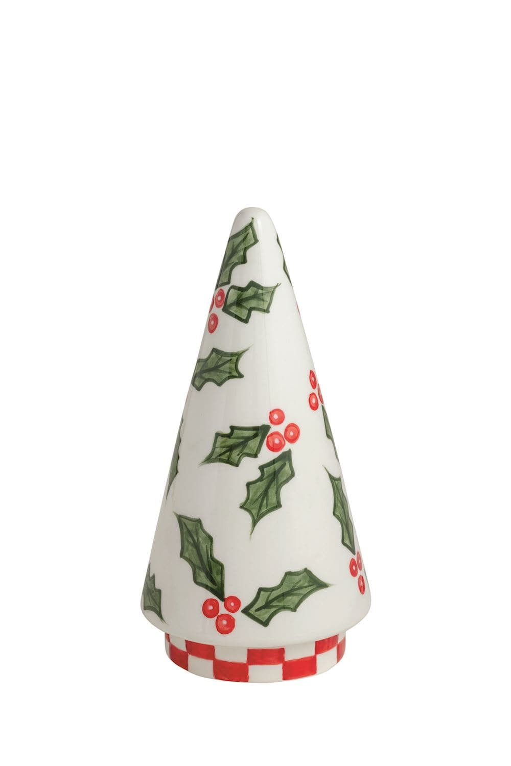 White ceramic cone tree with hand-painted holly leaves, red berries, and checkered base