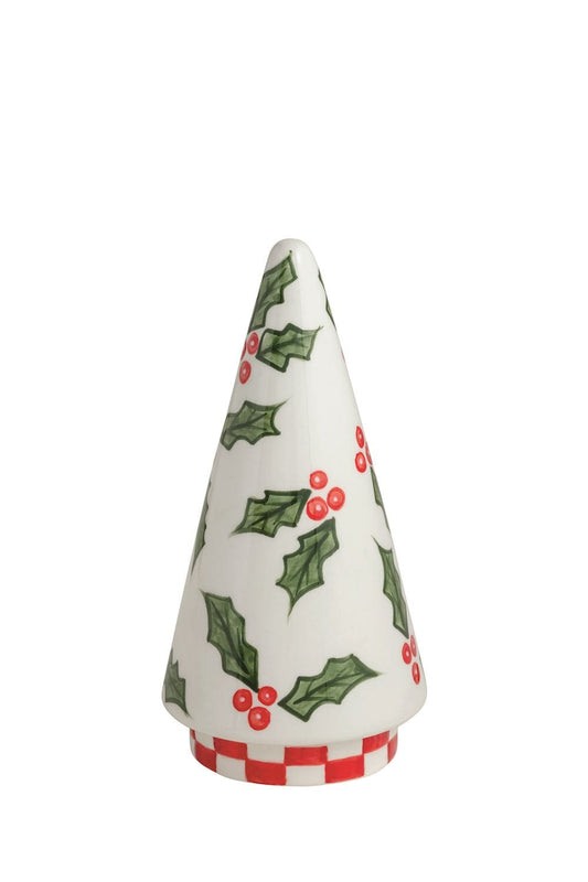 White ceramic cone tree with hand-painted holly leaves, red berries, and checkered base