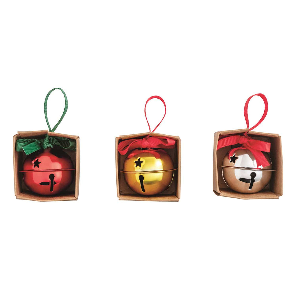 Three jingle bell ornaments in red, gold, and silver in kraft gift boxes with ribbons