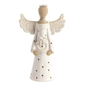 Ivory ceramic lace angel votive figurine holding wreath with gold halo and cutout wings