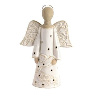 Ivory ceramic lace angel votive figurine with cutout detailing and gold halo
