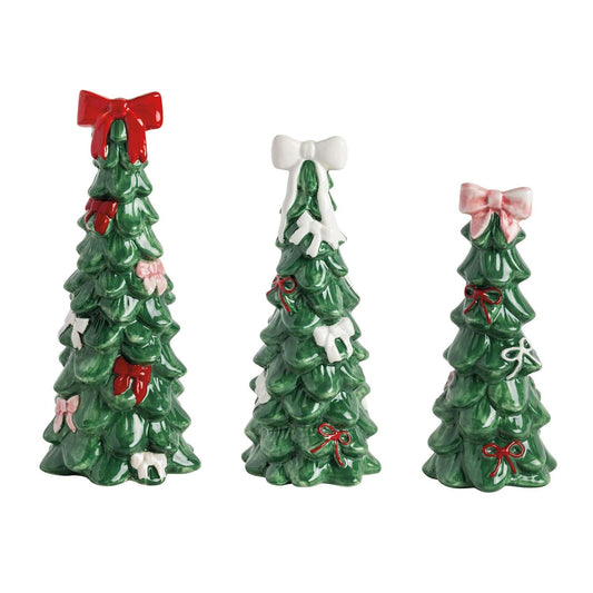 Set of 3 ceramic green Christmas tree figurines with red, white, and pink bows