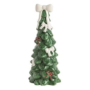 Mudpie green ceramic Christmas tree figurine with white bow topper and red ribbon accents