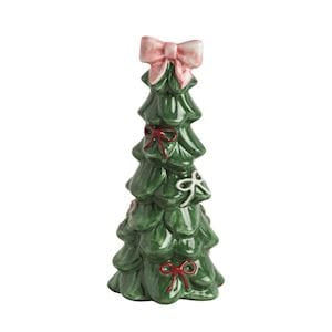 Mudpie green ceramic Christmas tree figurine with pink bow topper and red bow accents