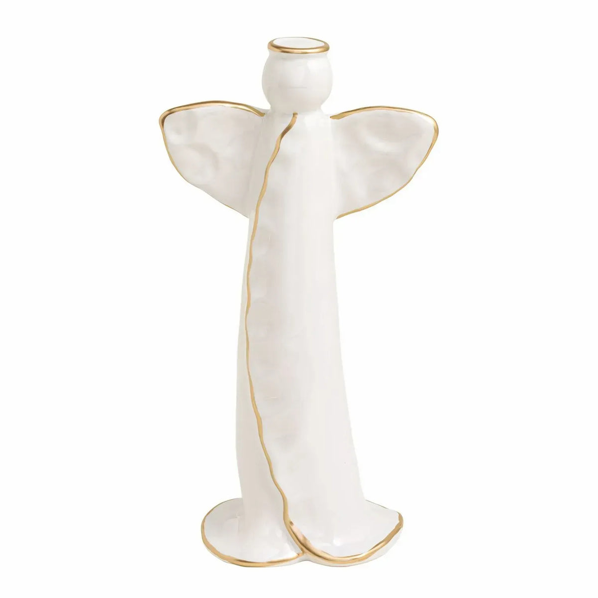 White ceramic angel figurine with gold-trimmed wings, halo, and robe edges, front view