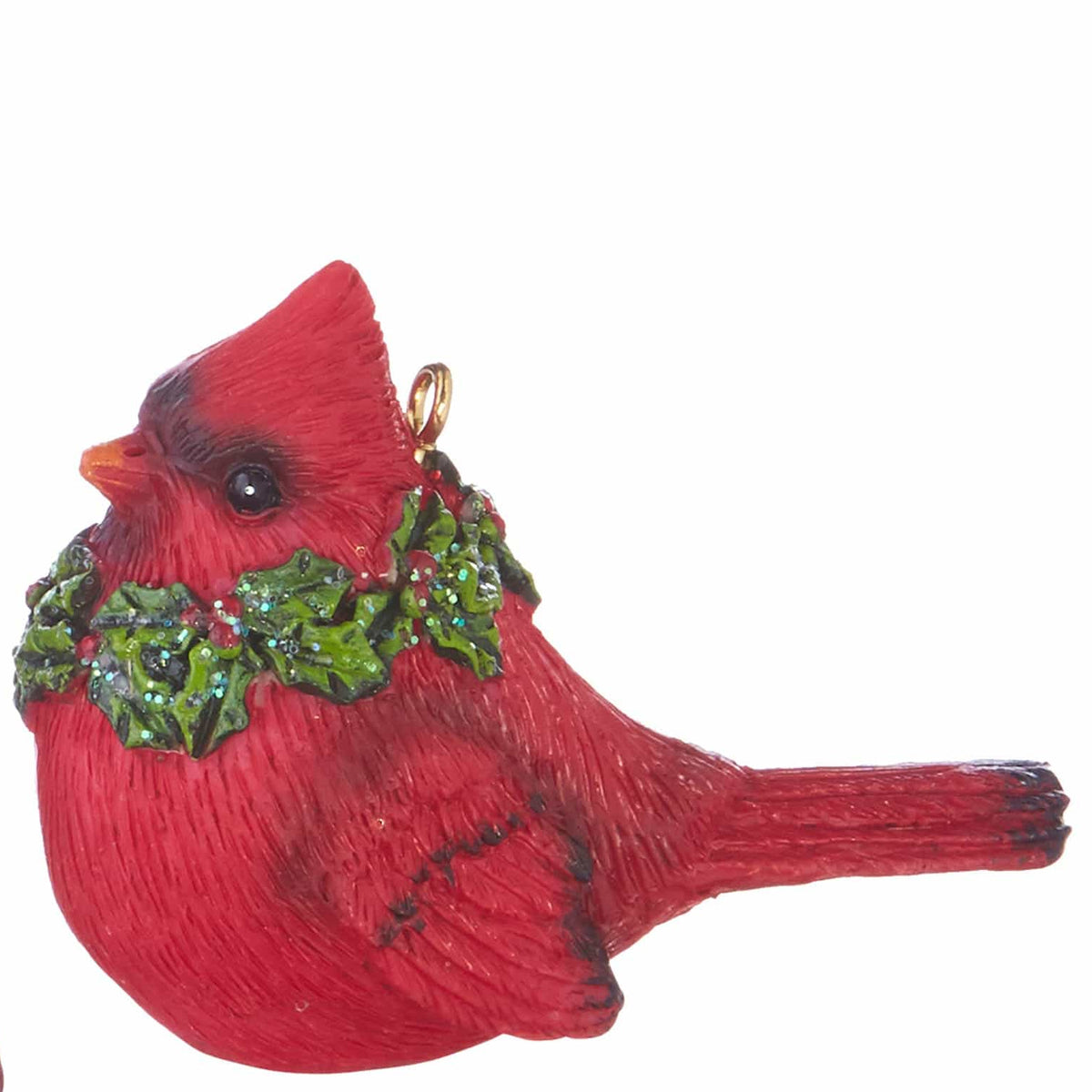 Two red cardinal bird ornaments with holly wreaths and gold hanging hooks, side view
