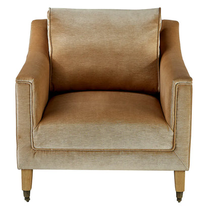 Forty West Breckin tan velvet accent chair with tapered wood legs and brass casters