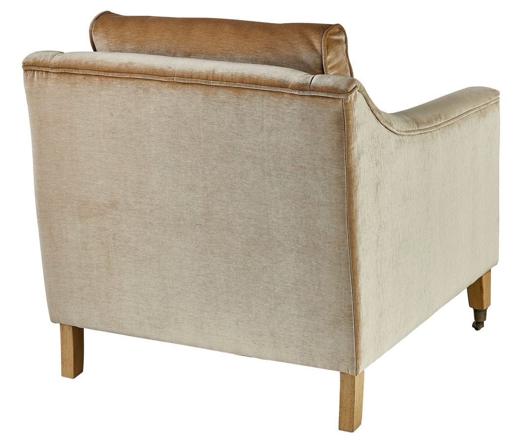 Forty West Breckin Chair in beige velvet with rolled back cushion and natural wood legs