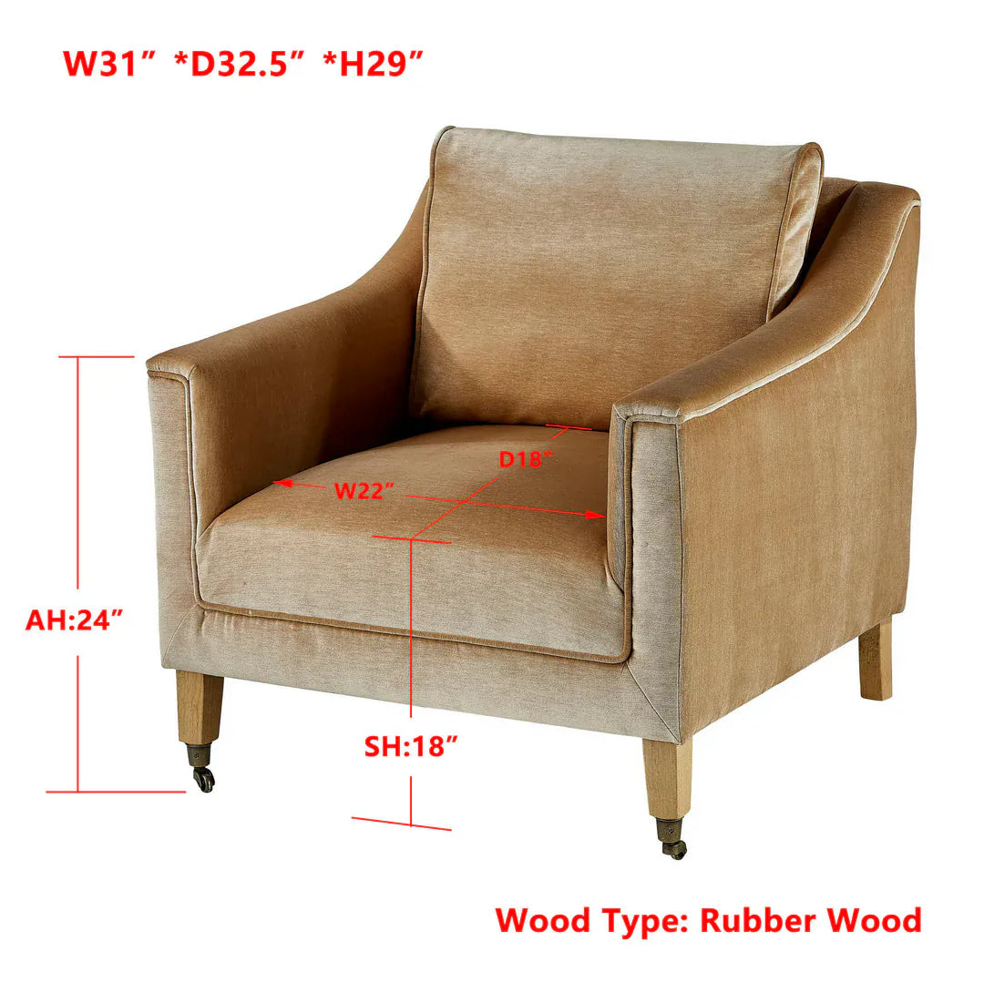 Forty West Breckin tan velvet accent chair with rubber wood legs and casters