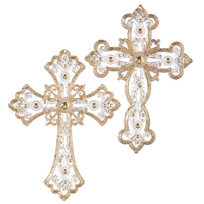 Ornate white and gold glitter filigree cross ornaments with jewel accents, set of two
