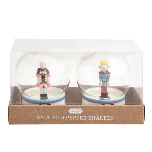 Mud Pie nutcracker and mouse king snow globe salt and pepper shaker set in box