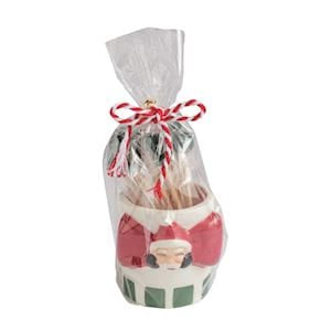 Santa Claus ceramic toothpick caddy set wrapped in clear cellophane with candy cane bow