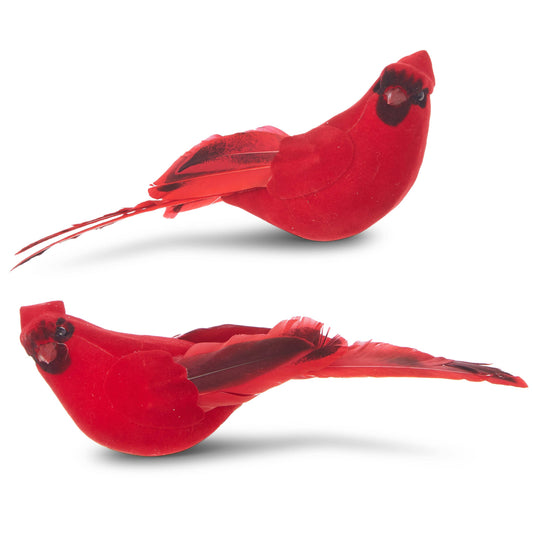 Two decorative red cardinal bird ornaments with feathered wings and clip bases, shown from different angles