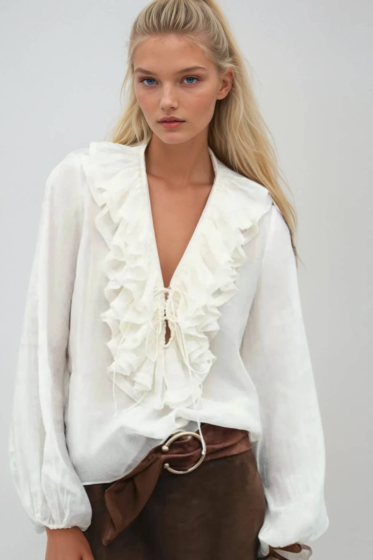 Ruffled Lace Up Blouse