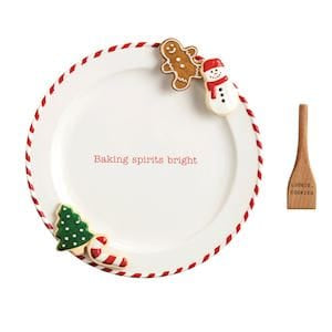 Mudpie white Christmas cookie platter with festive 3D decorations and small wooden spatula